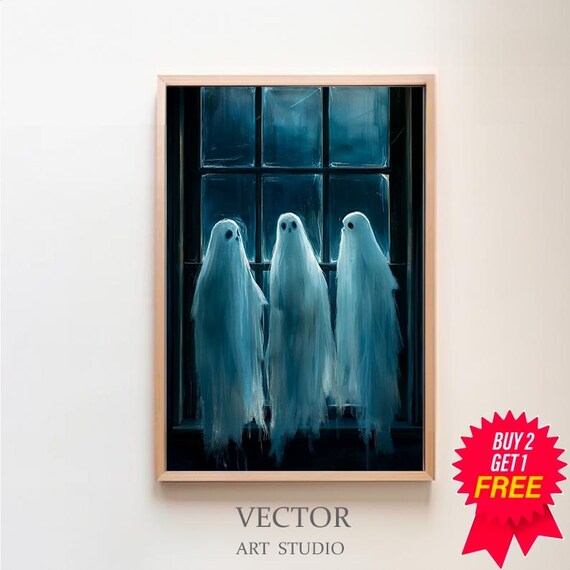 Three Ghosts Looking Out A Window At Night Spooky Halloween Poster