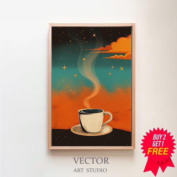 Retro Coffee Wall Art 80s Vintage Coffee In Space Universe Home Kitchen Decor