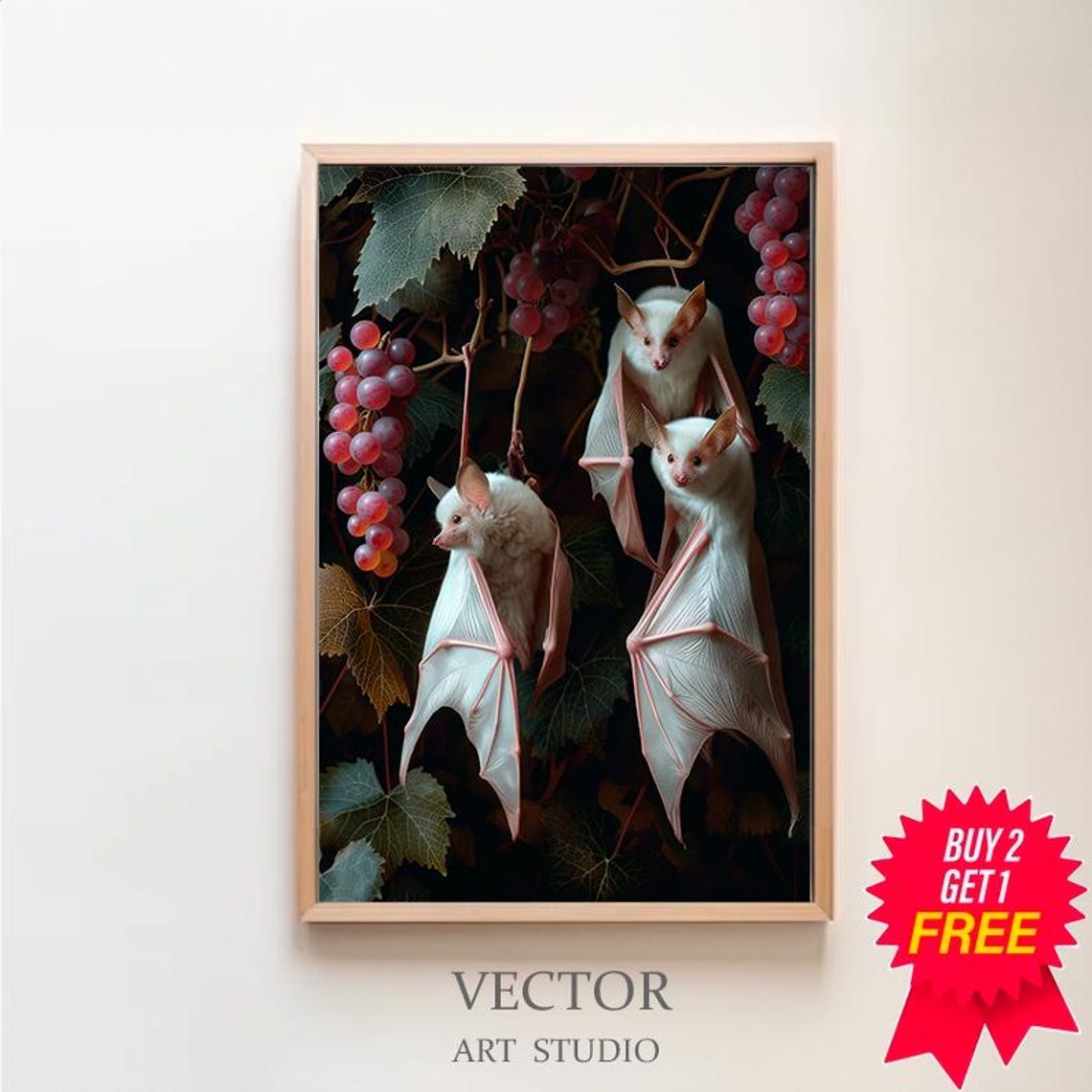 Three White Fruit Bats Among Grape Vines Dark Botanical Gothic Poster