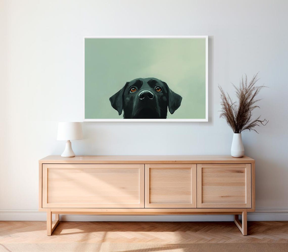 Black Labrador Peeking Up on a Soft Sage Green Background Poster - Image 2