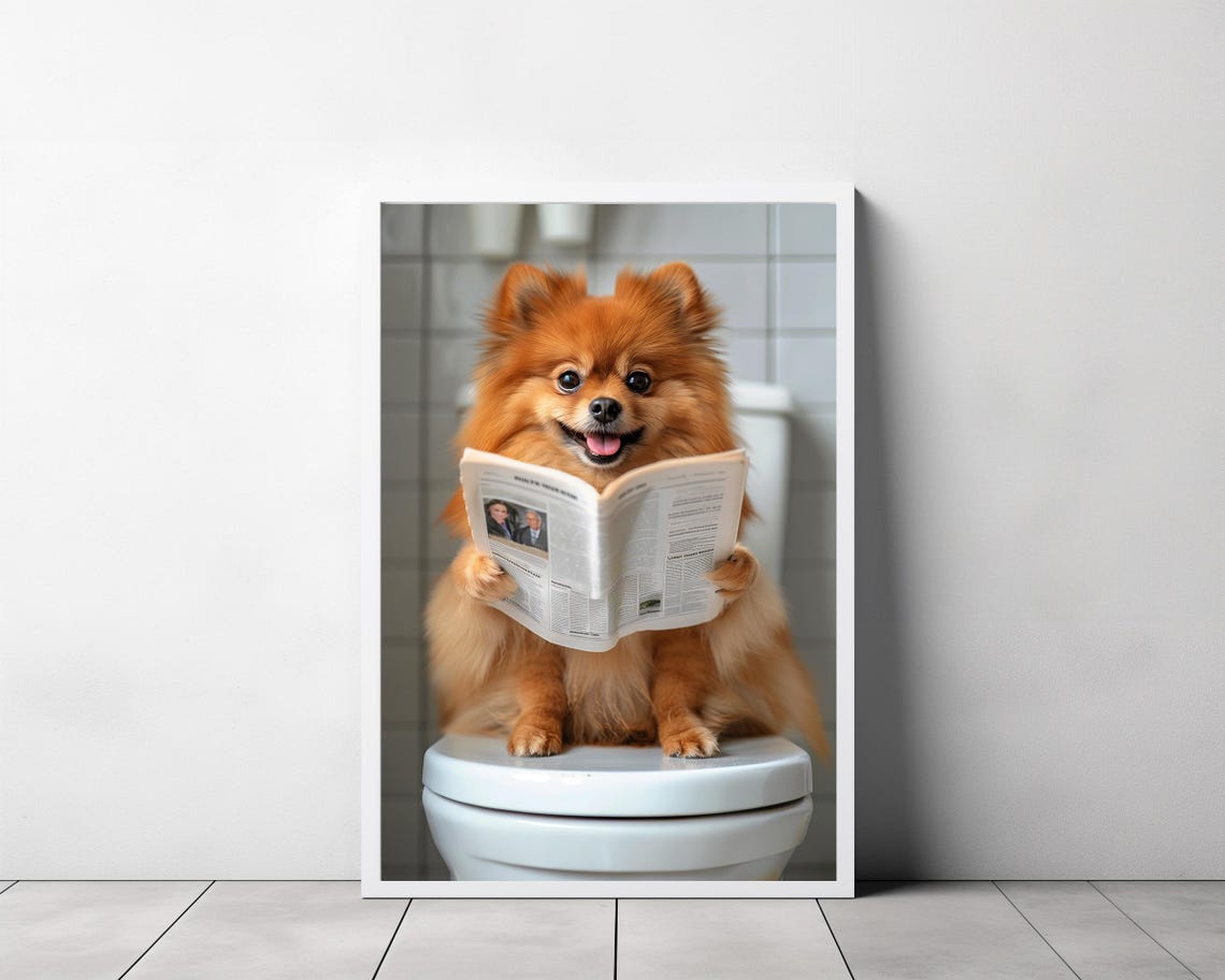 Pomeranian Reading Newspaper on Toilet Funny Dog Bathroom Poster - Image 3