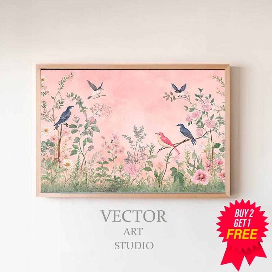 Chinoiserie Birds Among Blush Pink Blossoms Asian Botanical Art Poster