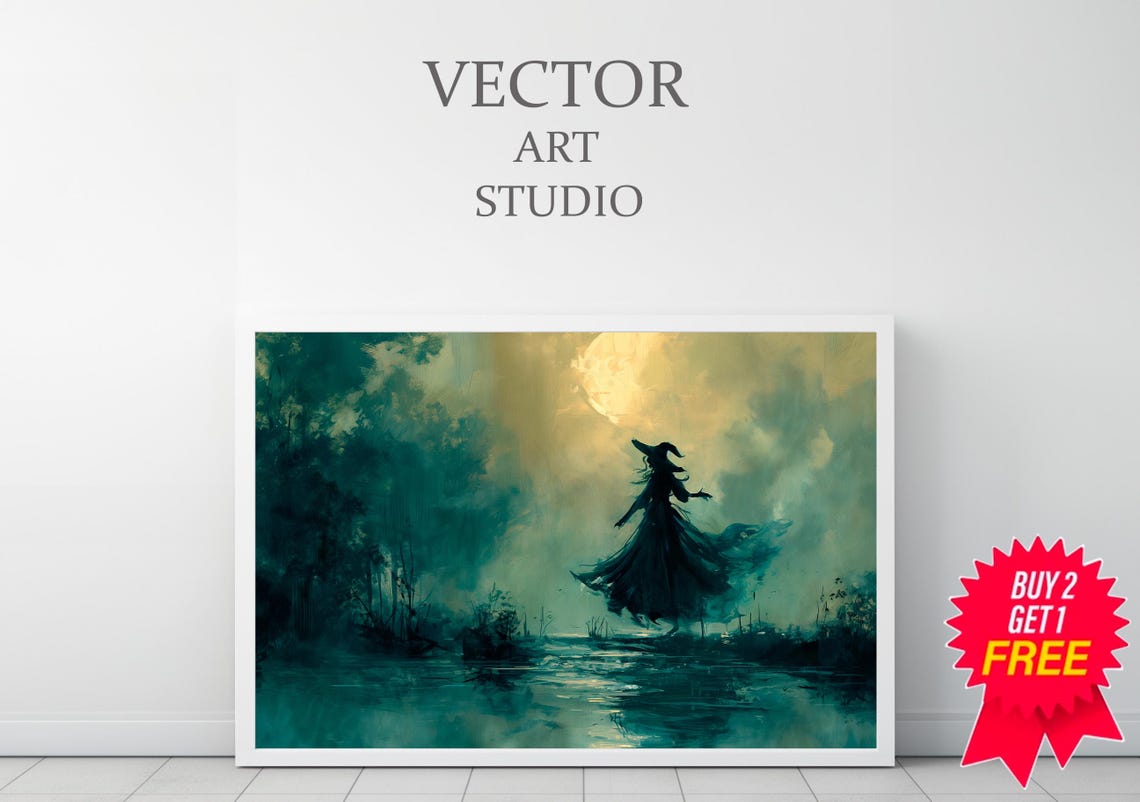 Witch Silhouette in a Misty Moonlit Swamp Spooky Halloween Poster - Image 3