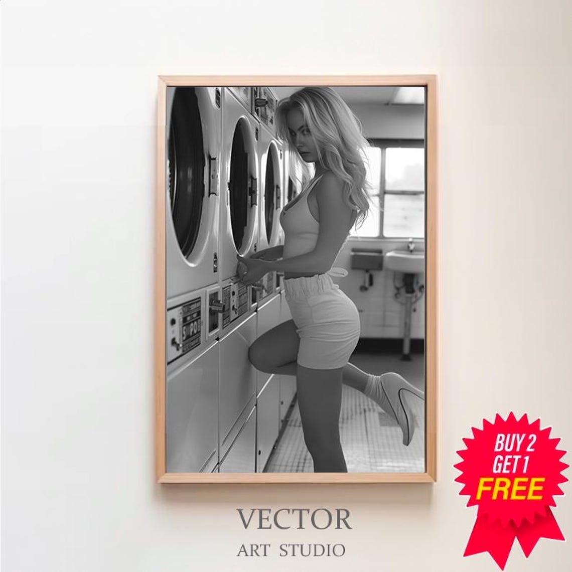 Blonde Pin Up Girl Doing Laundry at the Laundromat Black White Poster