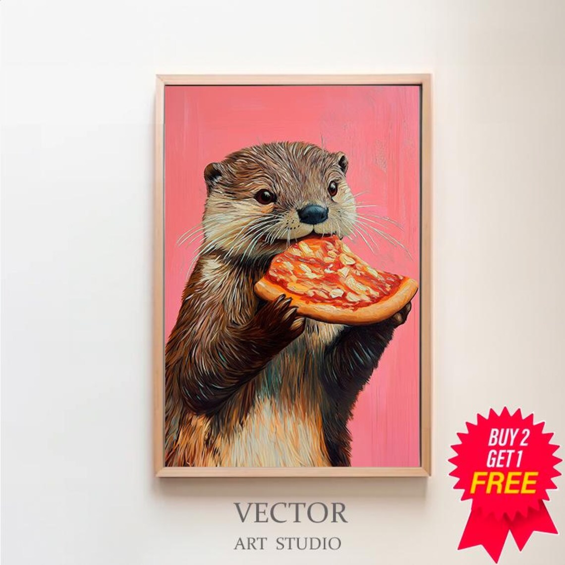 Otter Eating a Slice of Pizza on a Pink Background Funny Animal Poster
