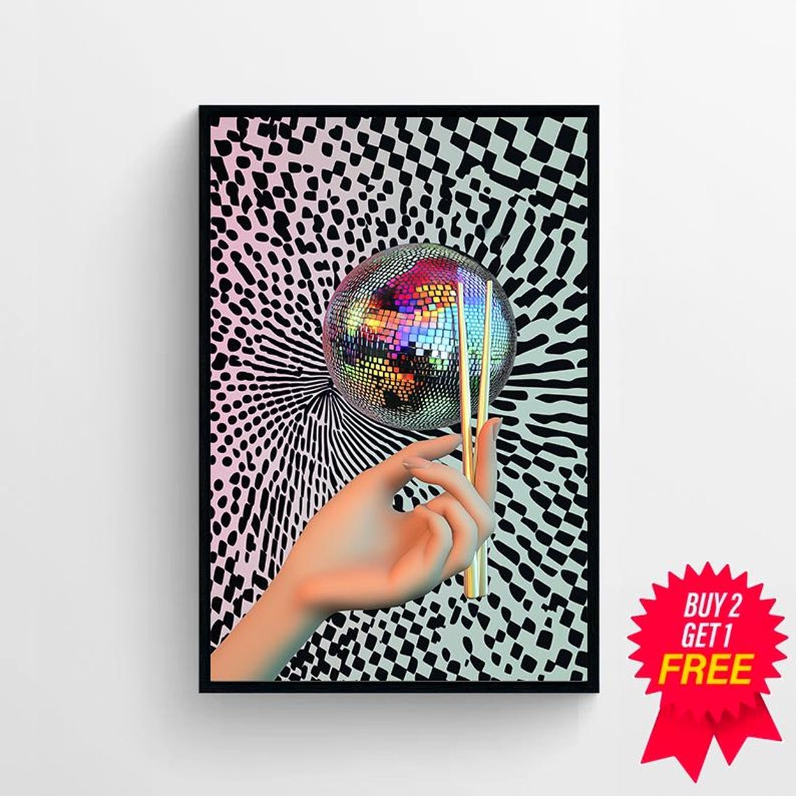 Rainbow Iridescent Disco Ball with Chopsticks Psychedelic Pop Poster - Image 4