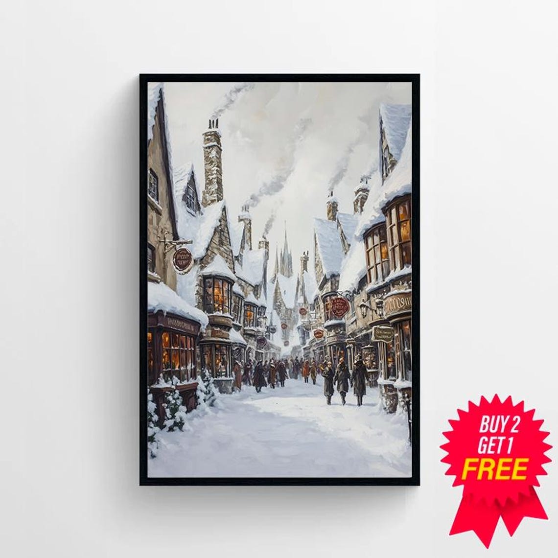 Crowded Snowy Wizard Street In Daylight Winter Fantasy Poster - Image 4