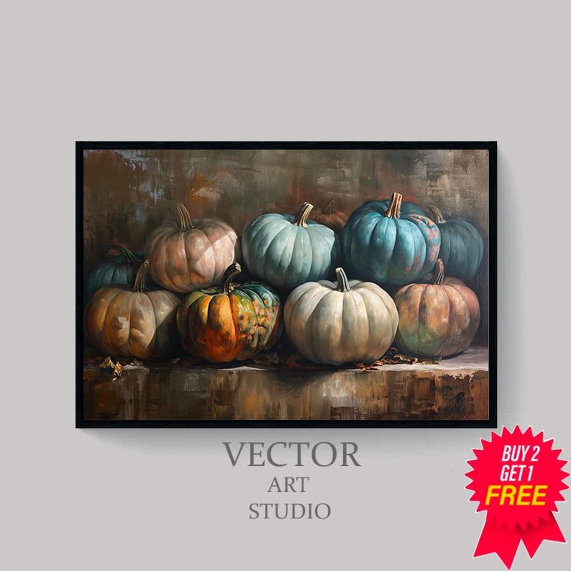 Blue And Cream Heirloom Pumpkin Harvest Pile Still Life Poster - Image 4