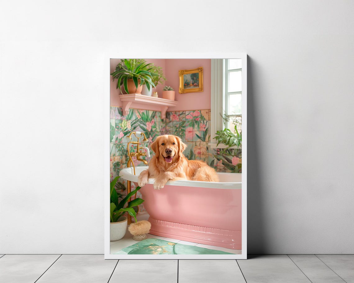 Cheerful Golden Retriever in a Pink Bathtub Tropical Bathroom Poster - Image 3