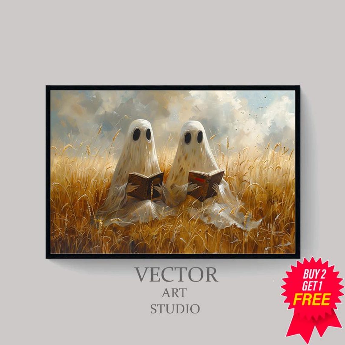 Cute Ghost Couple Reading Books In Golden Wheat Field Art Poster - Image 4