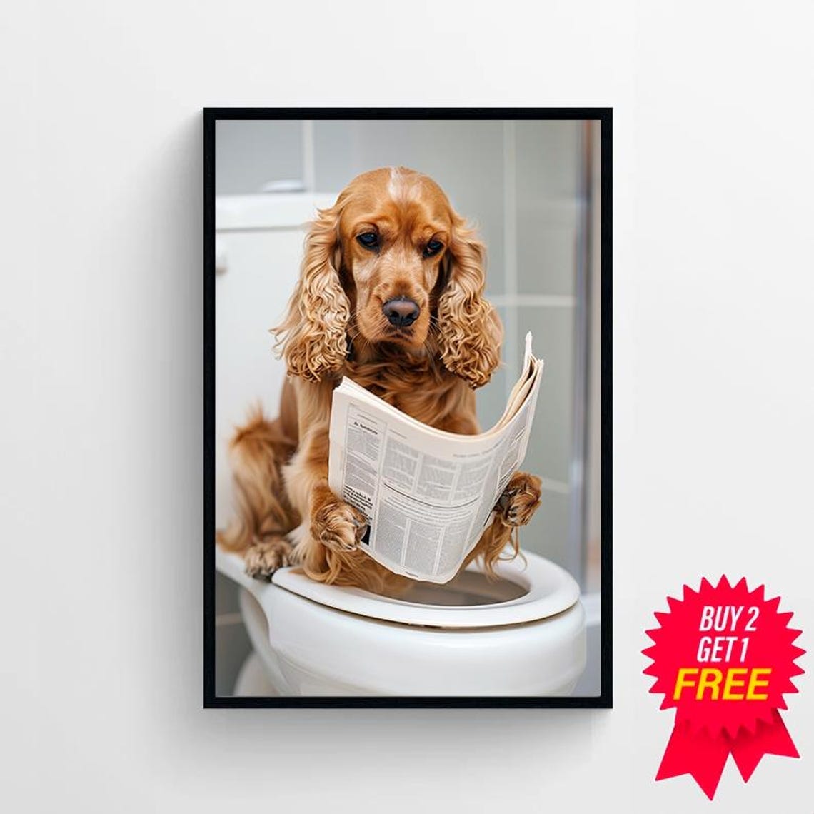 Cocker Spaniel Reading Newspaper on Toilet Funny Dog Bathroom Poster - Image 4