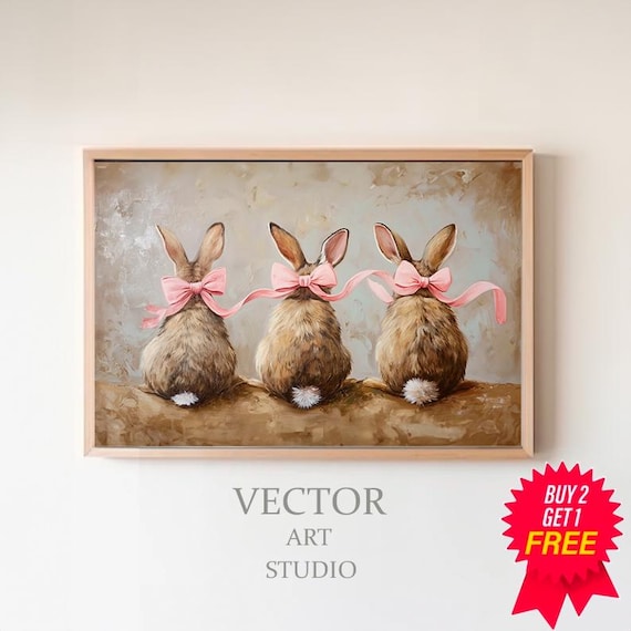 Three Bunnies With Pink Bows Seen From Behind Vintage Easter Poster