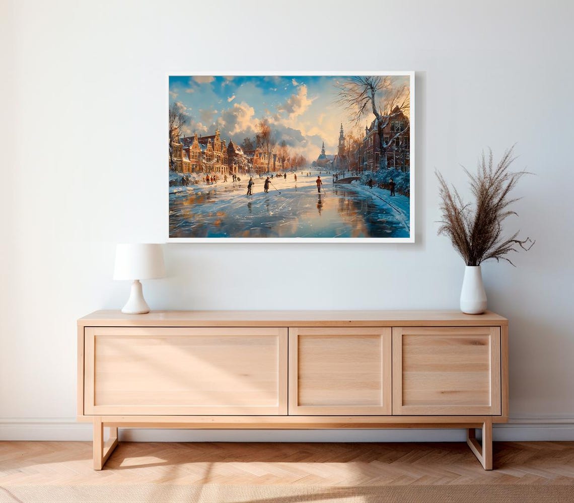 Sunset Canal Ice Skaters Dutch Town Winter Street Scene Poster - Image 2
