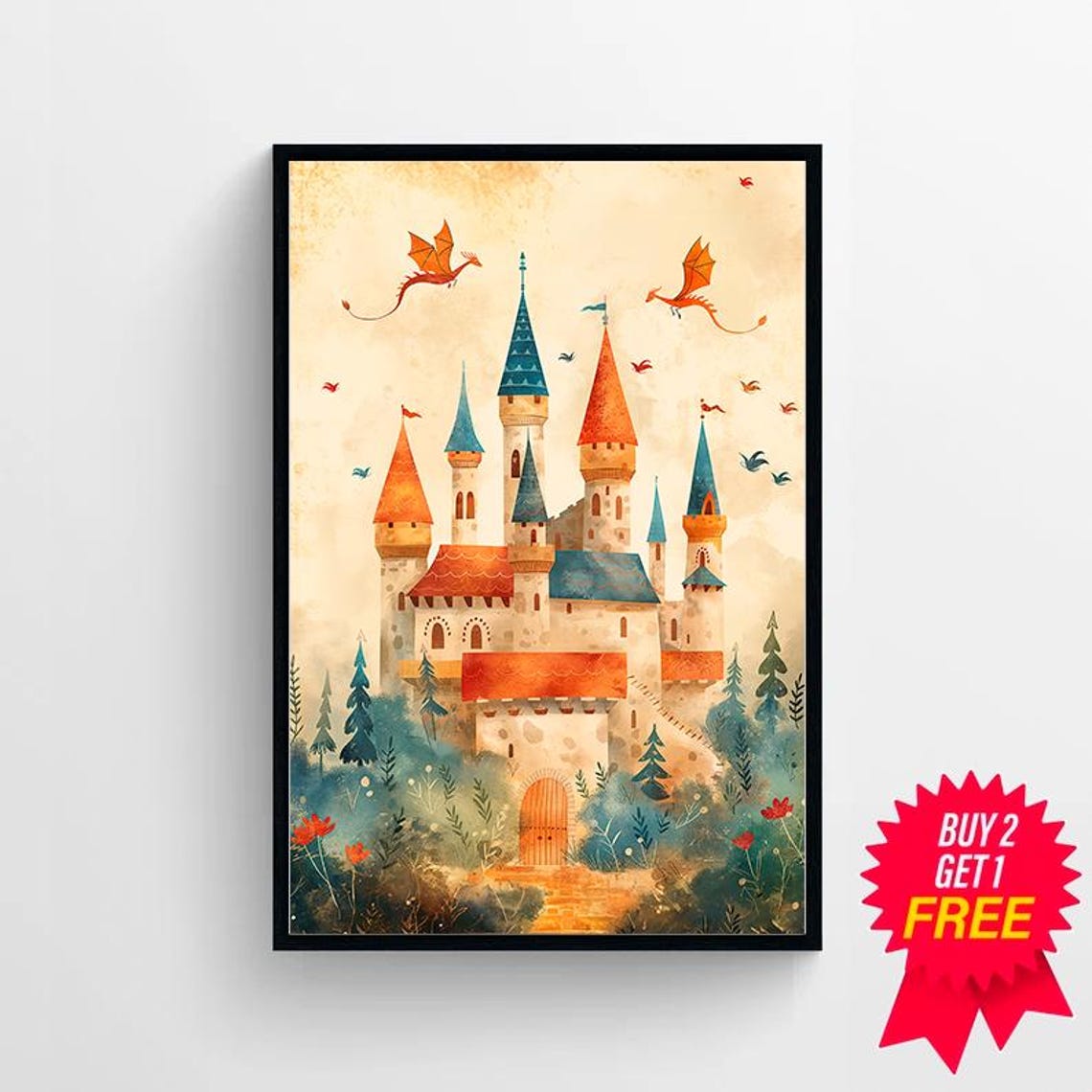 Fantasy Castle And Dragon Print Kids Posters Decor Whimsical Fairytale Art Magical Kingdom Instant Nursery Wall Art - Image 4