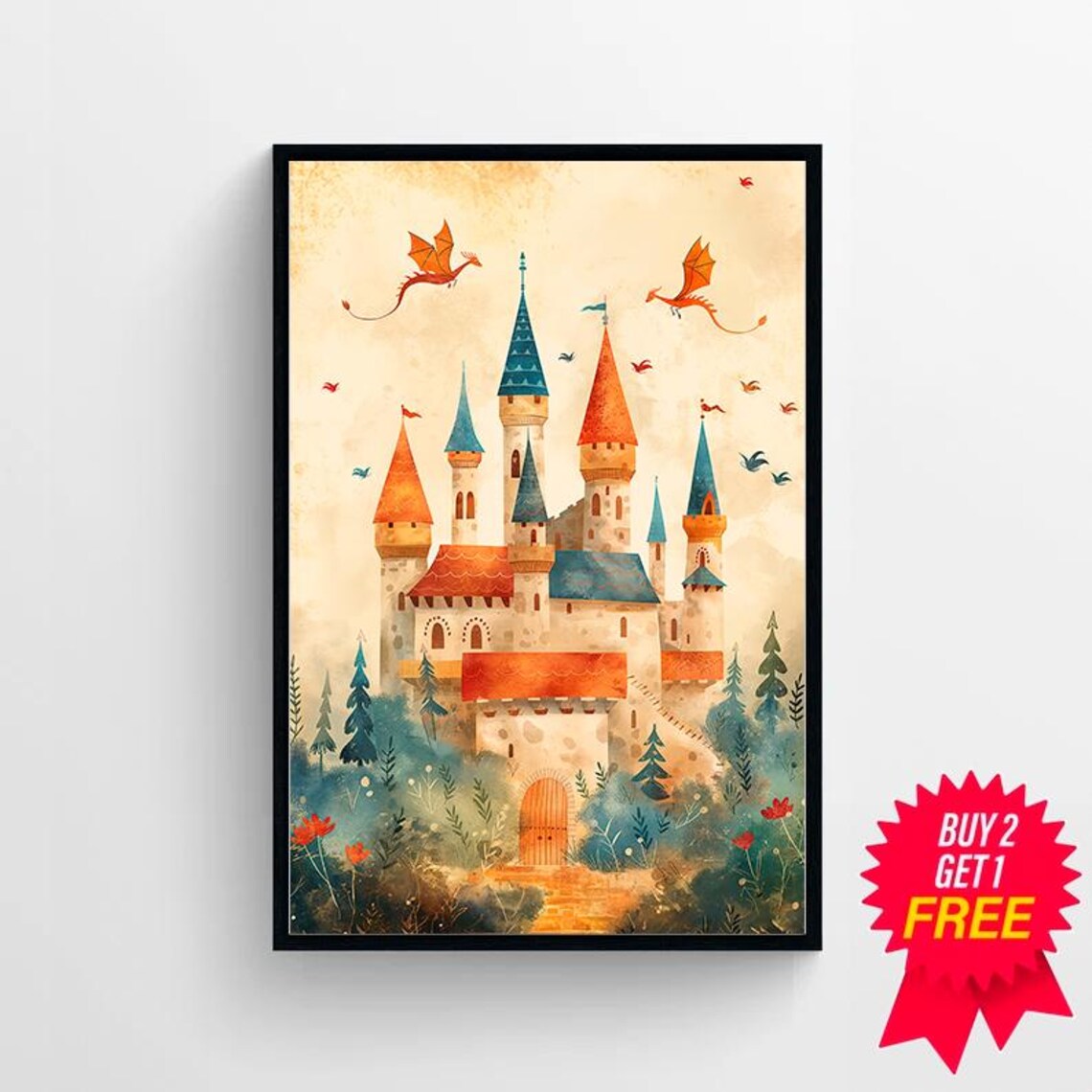 Watercolor Castle Red Dragons Forest Kids Fantasy Nursery Poster - Image 4