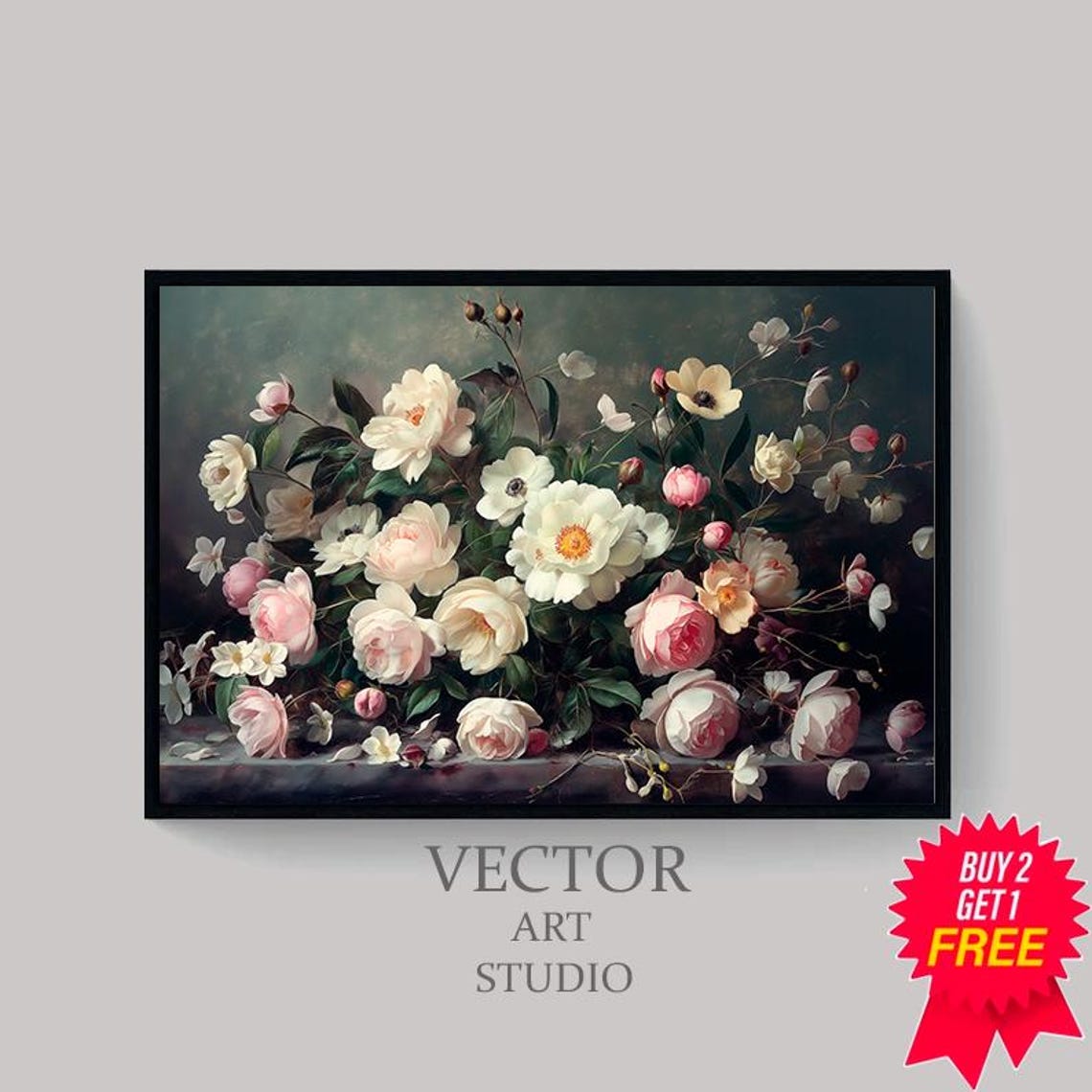 White and Pink Roses in a Low Arrangement on a Moody Ledge Art Poster - Image 4