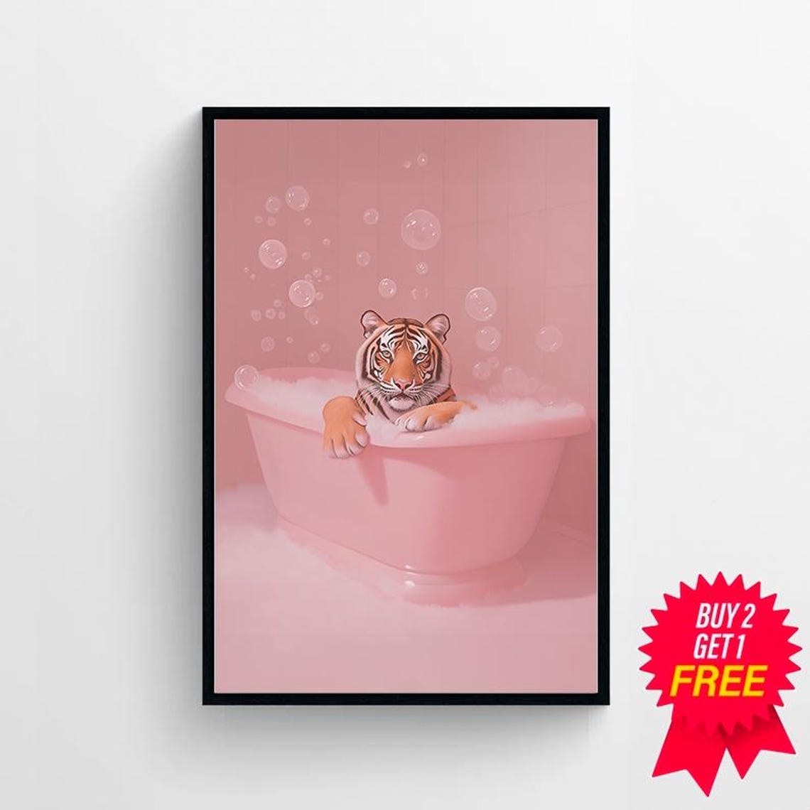 Adorable Tiger Cub Relaxing in a Pink Bubble Bath Pastel Art Poster - Image 4