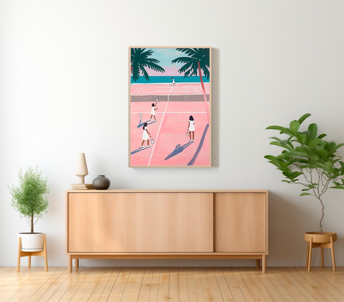 Beachside Tennis Players On A Pink Court With Palm Trees Poster - Image 2