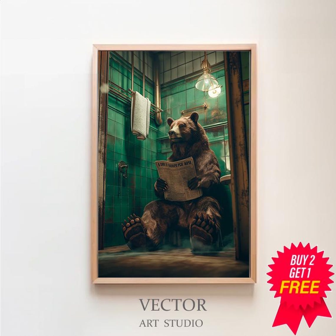Bear Reading A Newspaper On The Toilet Funny Bathroom Wall Art