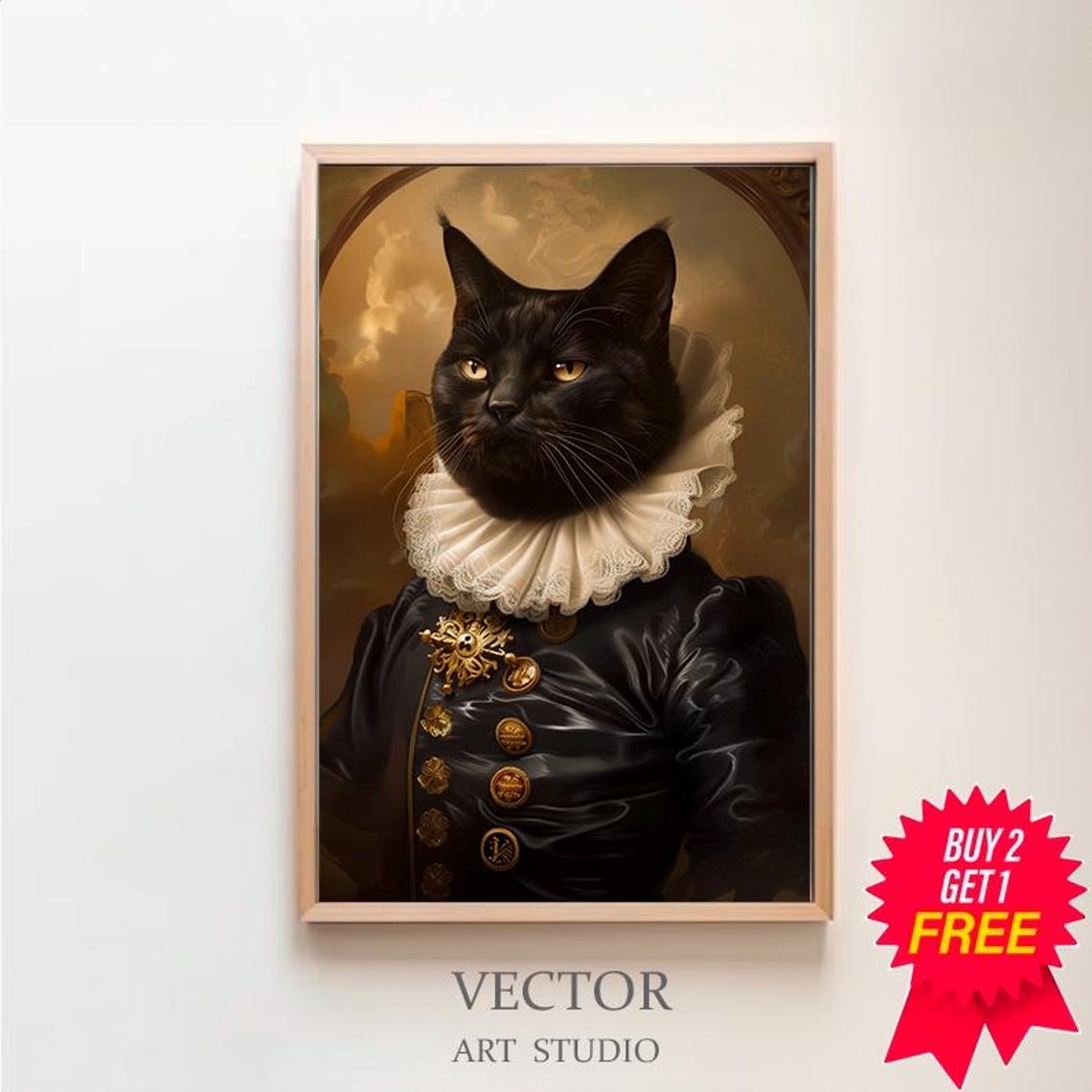 Noble Black Cat in Ruff with Gold Star Medal Baroque Style Poster