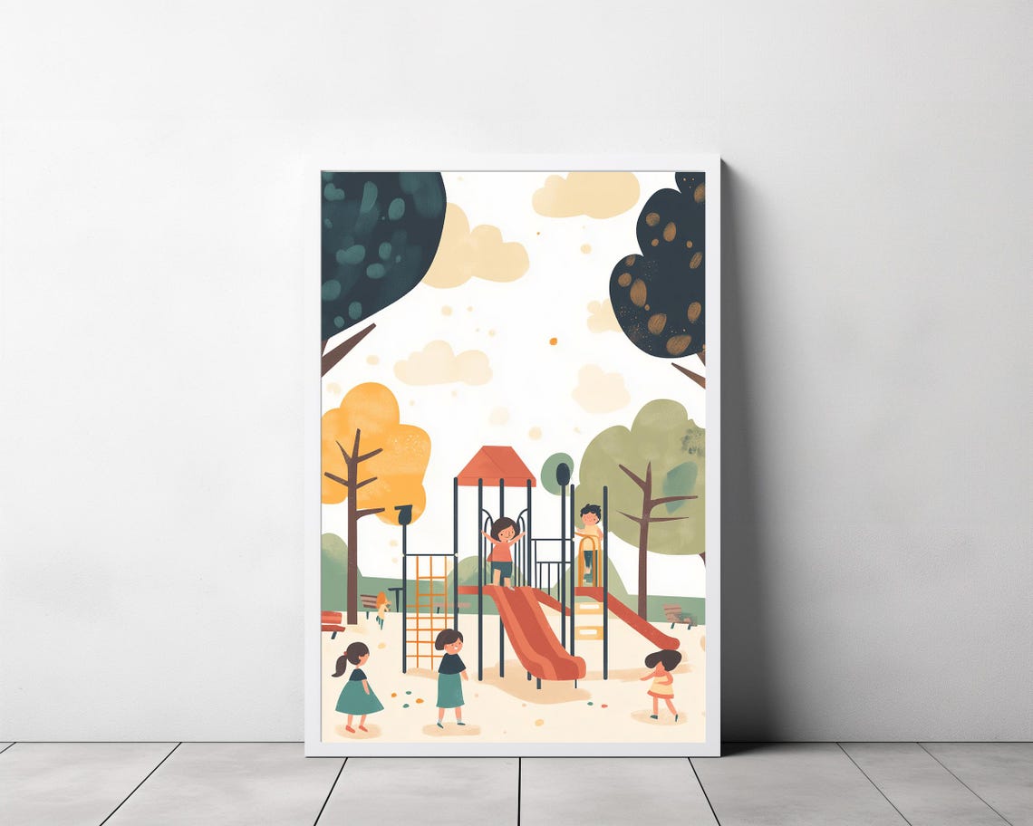Children Playing on a Red Slide Playground Autumn Scene Poster - Image 3