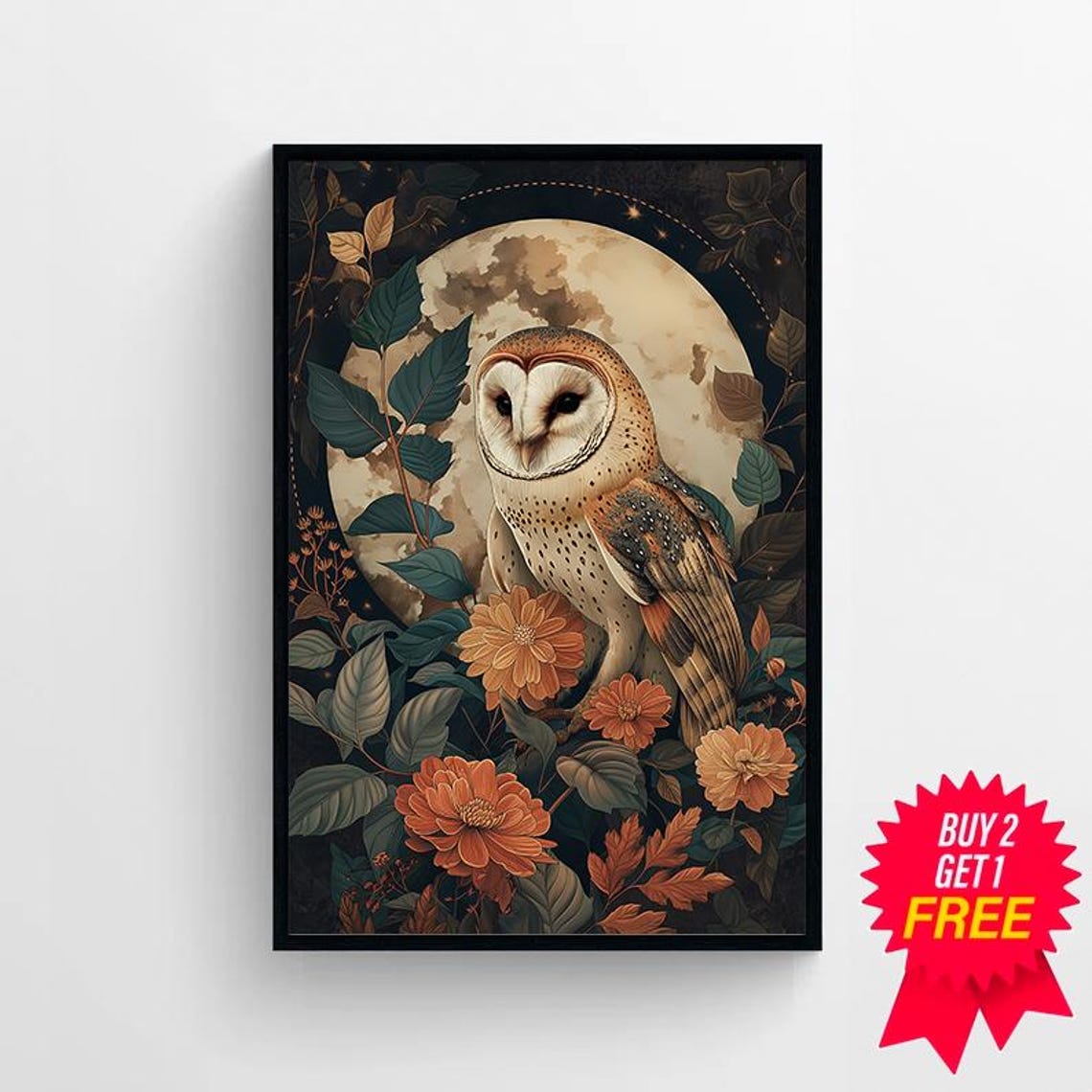 Barn Owl Before Full Moon Among Autumn Blooms Dark Cottagecore Poster - Image 4