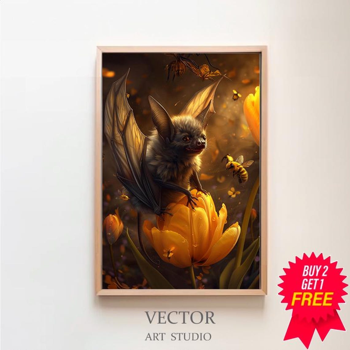 Whimsical Bat Perched on a Golden Tulip Among Bees Fantasy Poster