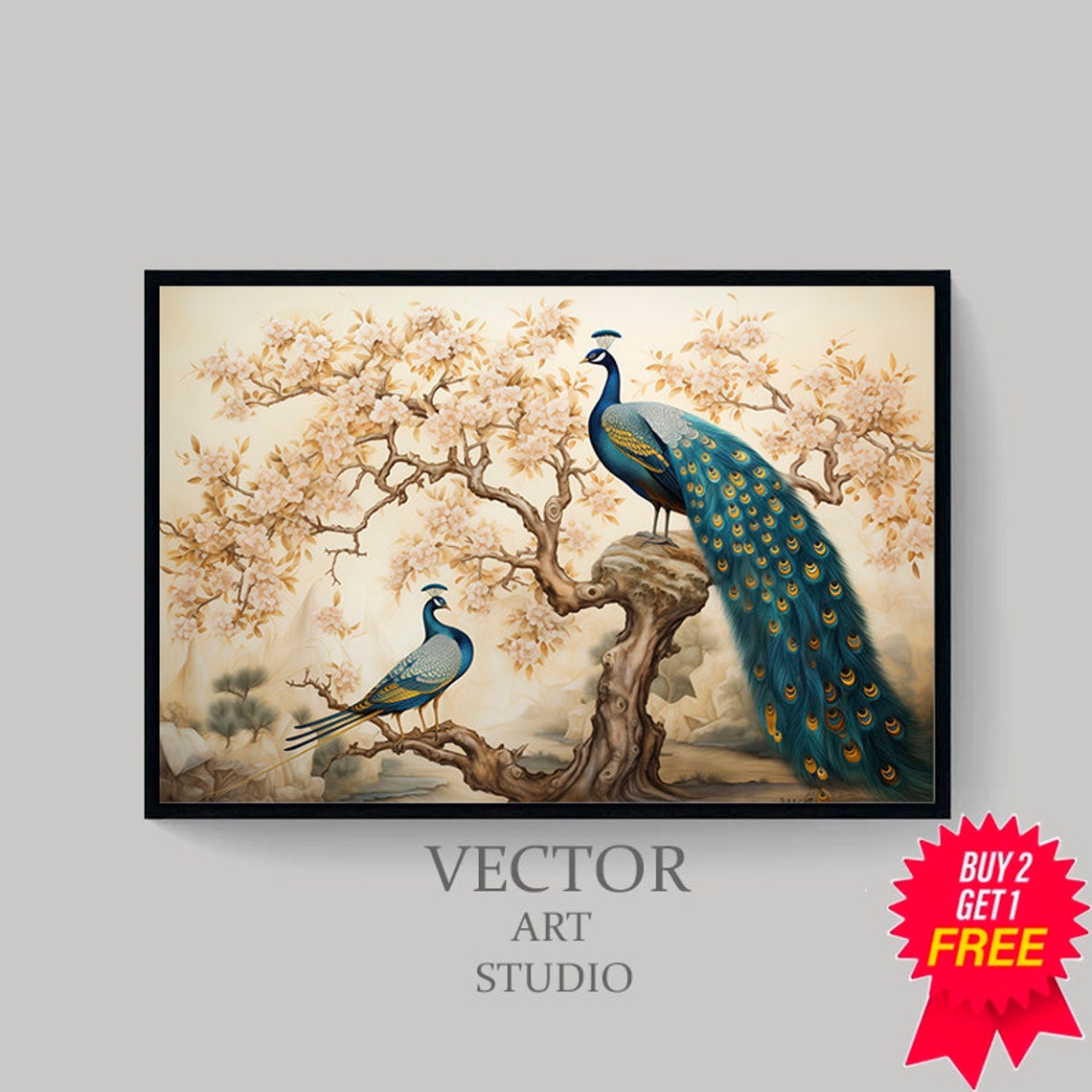Two Peacocks Gnarled Tree Chinoiserie Garden Flowering Wall Poster - Image 4