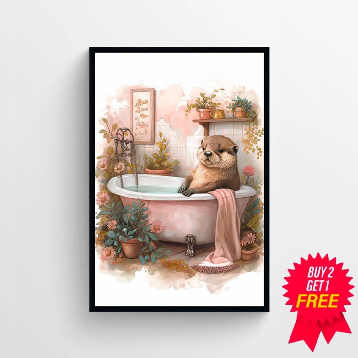 Sea Otter Bath Time in a Pink Tub Watercolor Floral Bathroom Poster - Image 4