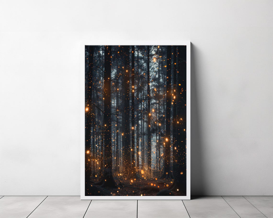 Dark Pine Forest at Night Glowing Fireflies Magic Woodland Poster - Image 3