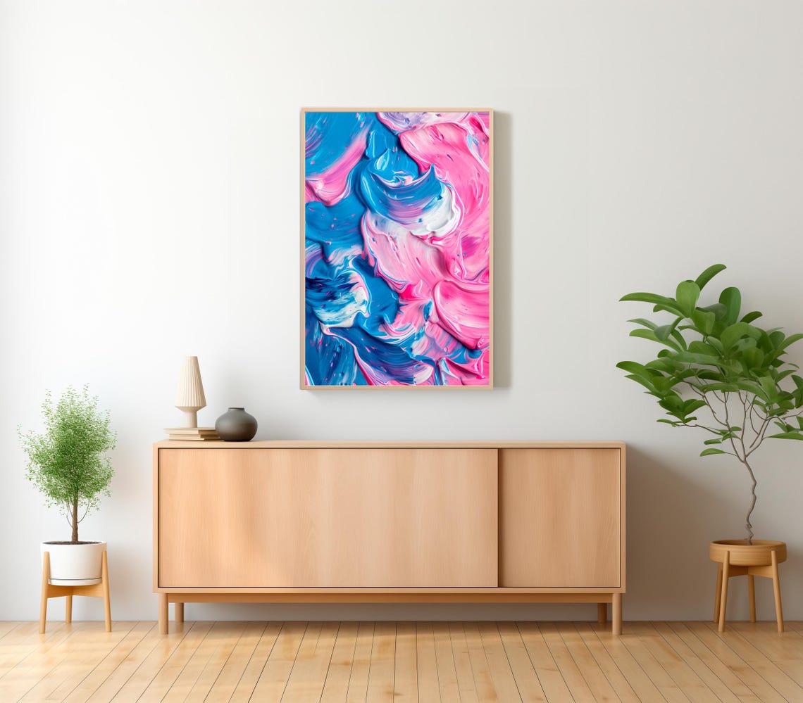Bold Blue and Pink Swirled Abstract Impasto Oil Painting Wall Art - Image 2