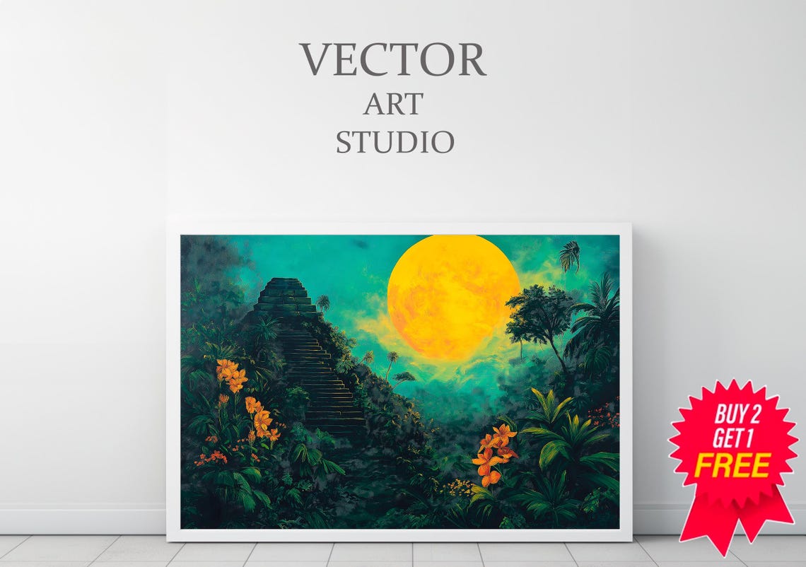 Ancient Jungle Pyramid Under Giant Golden Moon Fantasy Poster - Image 3