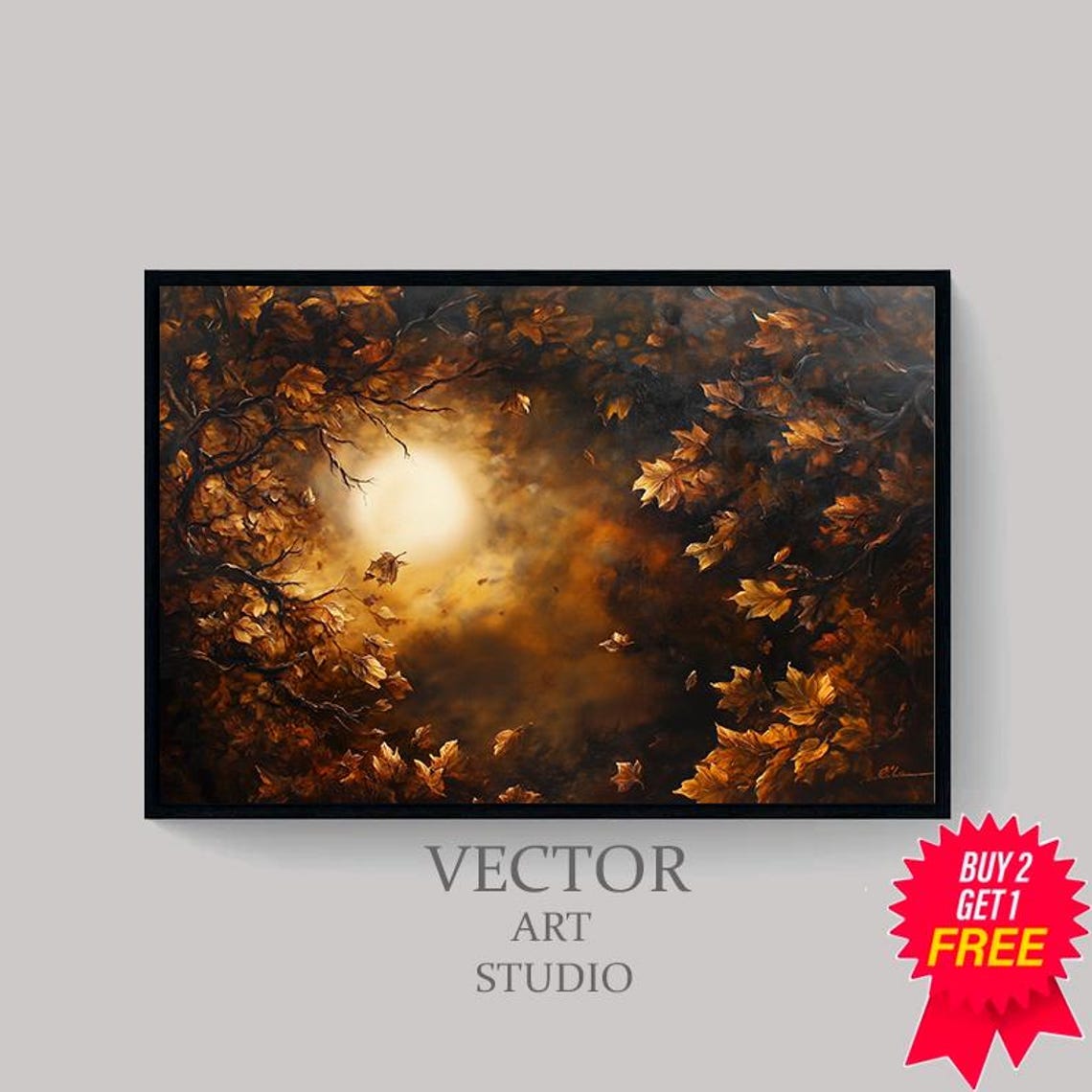 Glowing Moon Through Autumn Leaves Textured Oil Painting Poster - Image 4