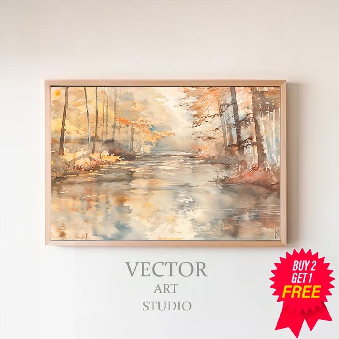Autumn Forest River Winding Through Golden Trees Watercolor Art Poster