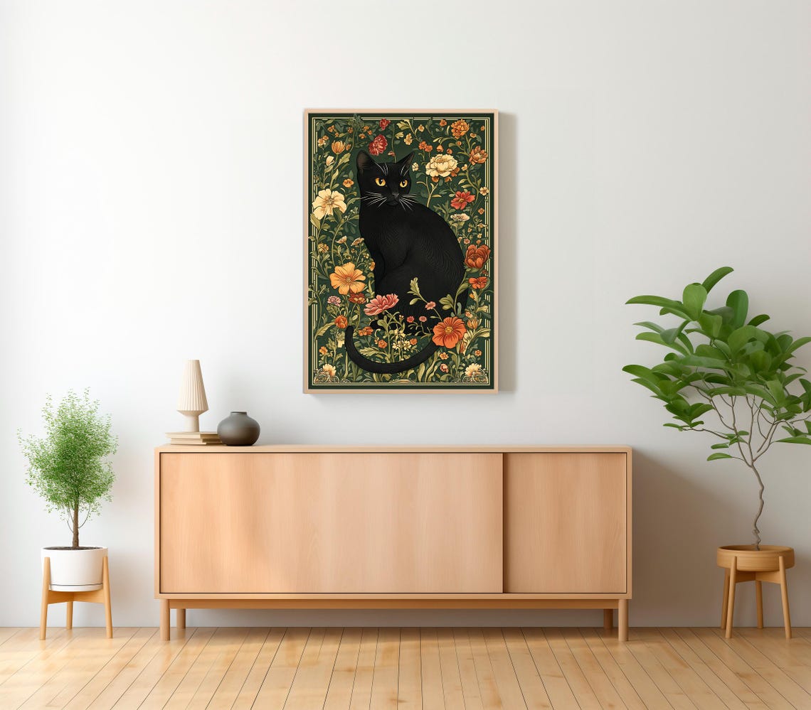 Elegant Black Cat Portrait among William Morris Flowers Poster - Image 2
