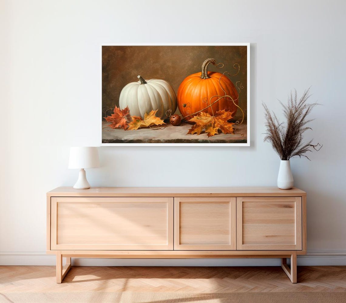 White And Orange Pumpkin With Curly Vines And Leaves Fall Poster - Image 2