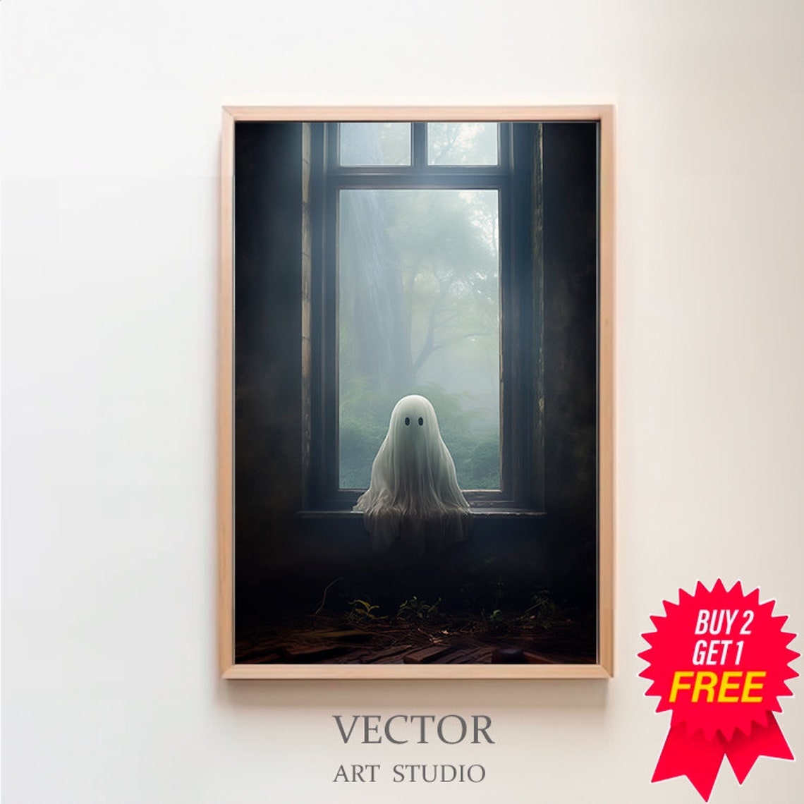 Lonely Ghost in a Tall Dark Window Facing a Misty Forest Poster