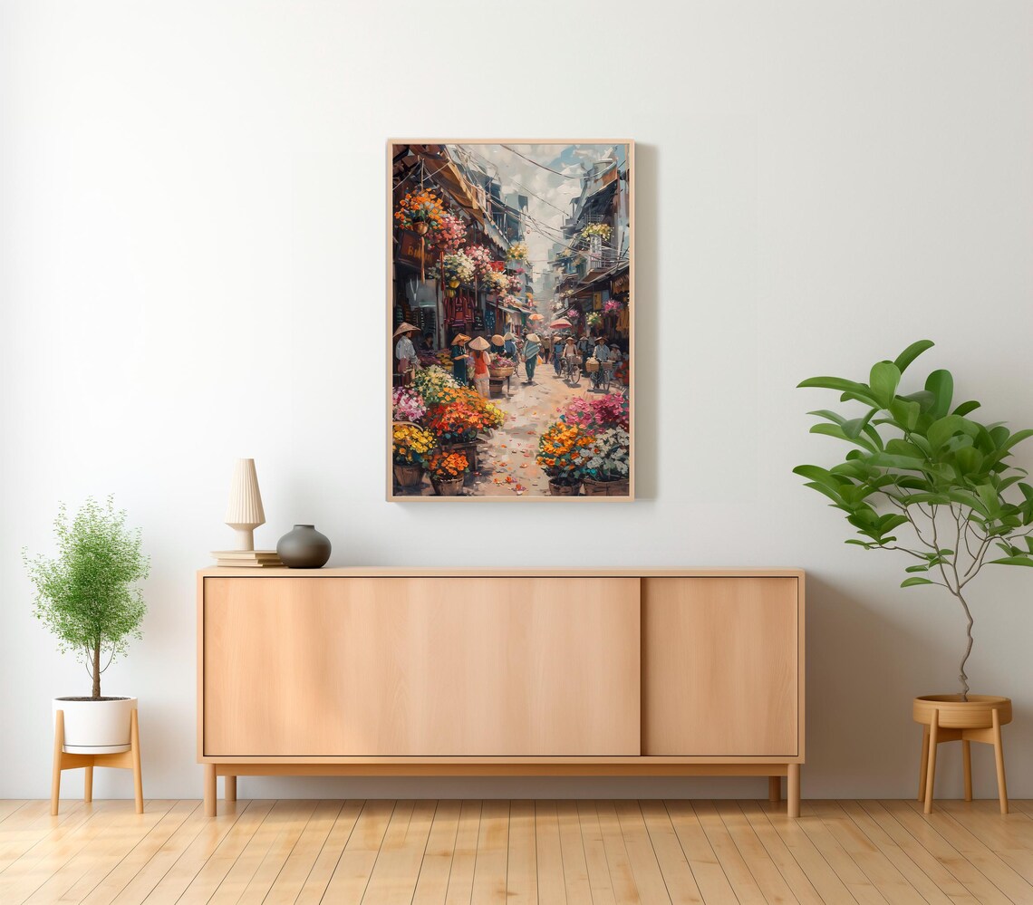 Hanoi Old Quarter Flower Market Alley Vietnam Oil Painting Poster - Image 2