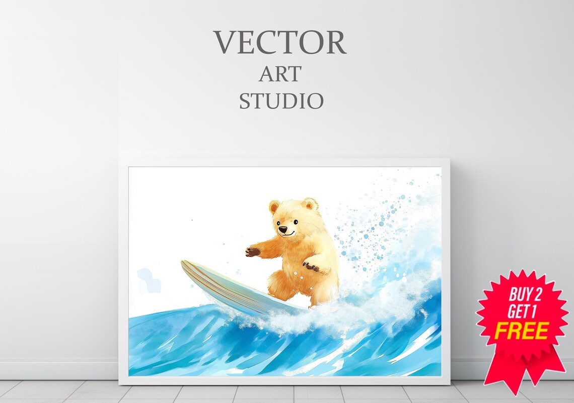 Happy Teddy Bear Surfing A Bright Blue Wave On His Surfboard Nursery Print - Image 3