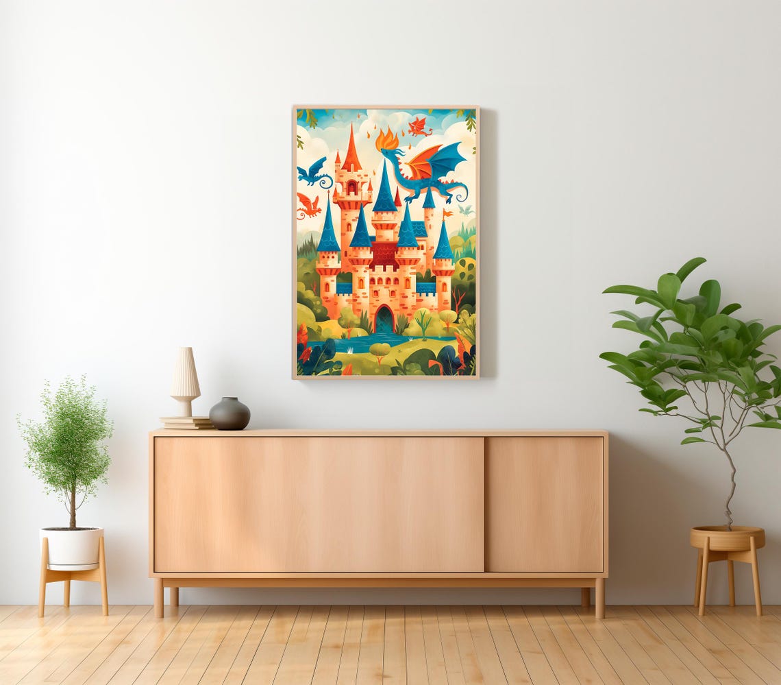 Fantasy Castle And Dragon Print Kids Posters Decor Whimsical Fairytale Art Magical Kingdom Instant Nursery Wall Art - Image 2