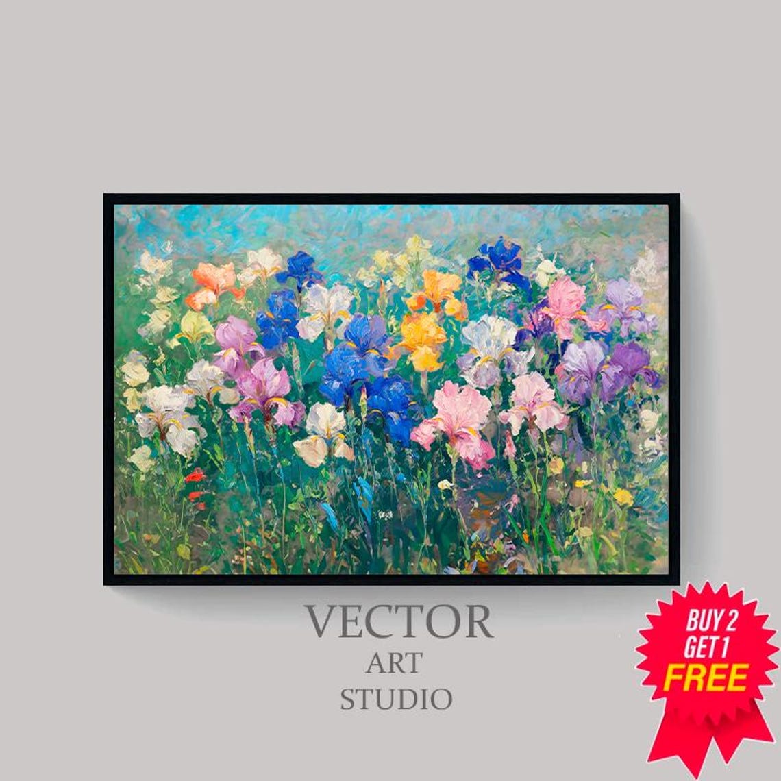 Multicolor Iris Field Blooming Under A Bright Blue Sky Poster - Image 4