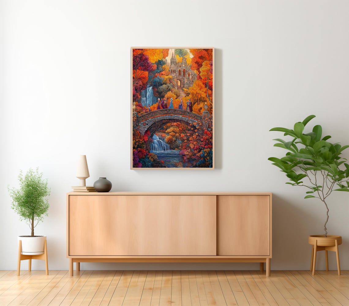 Autumn Bridge Fellowship Gothic Abbey Waterfall Fantasy Poster - Image 2