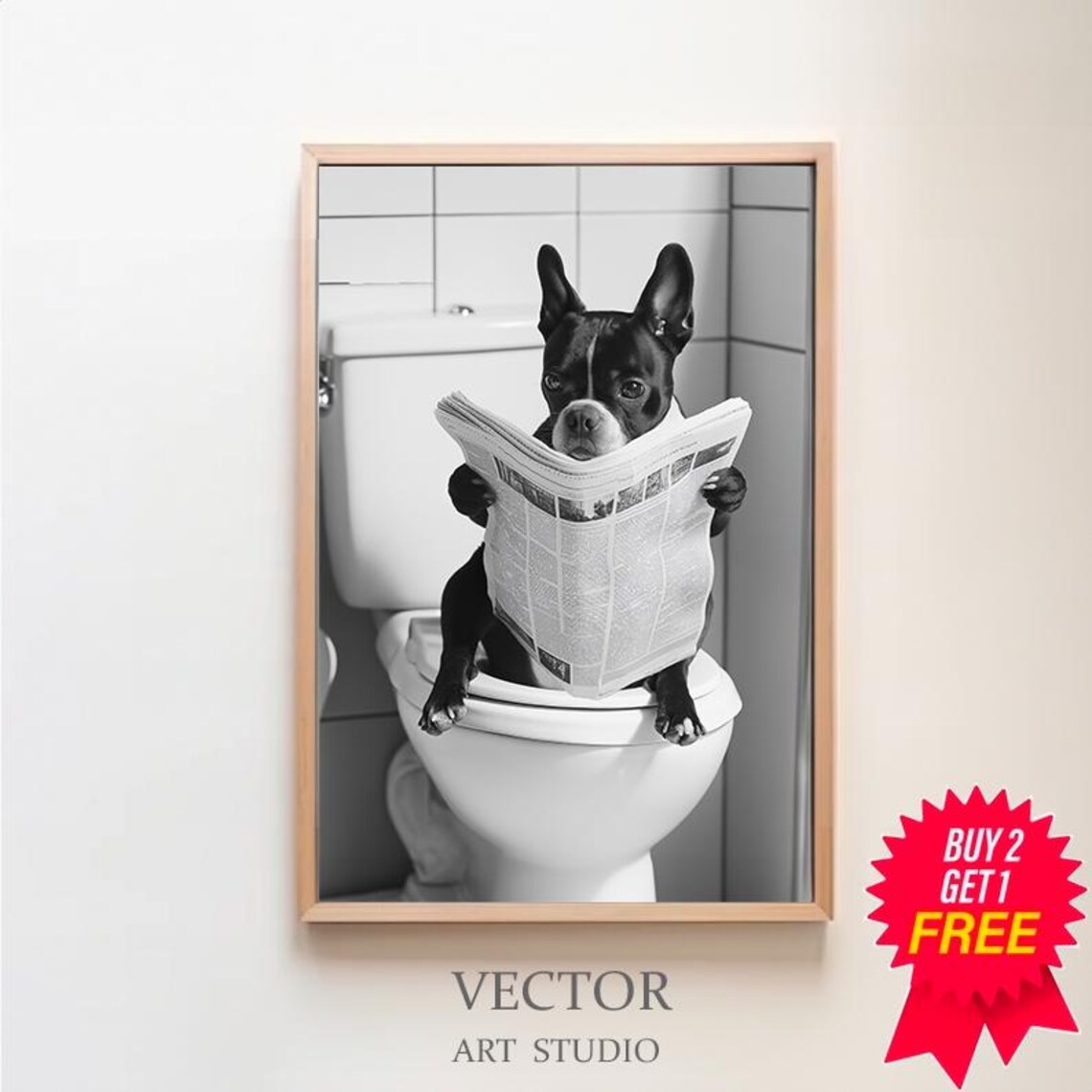 Boston Terrier On Toilet Reading Newspaper Funny Photo Poster