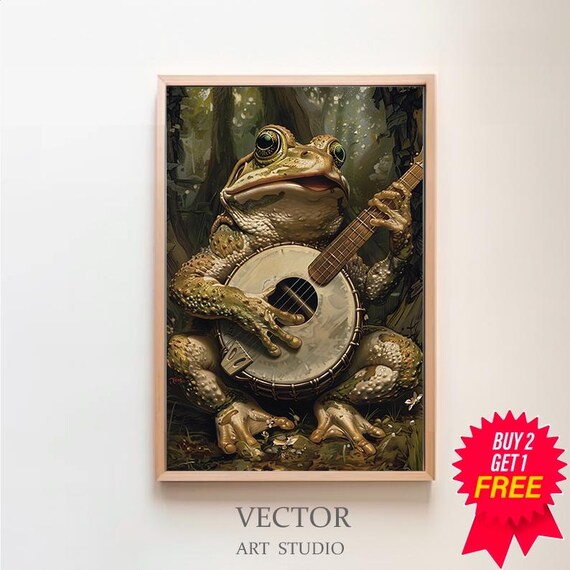 Smiling Frog Playing Banjo Vintage Forest Animal Portrait Poster