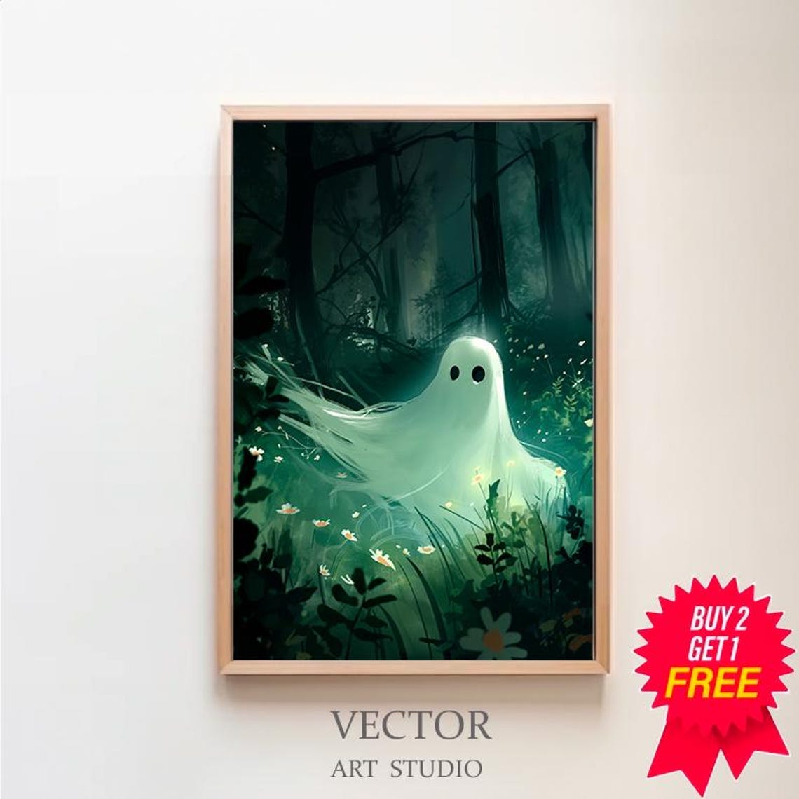 Glowing Ghost Gliding Through Dark Forest Wildflowers Poster