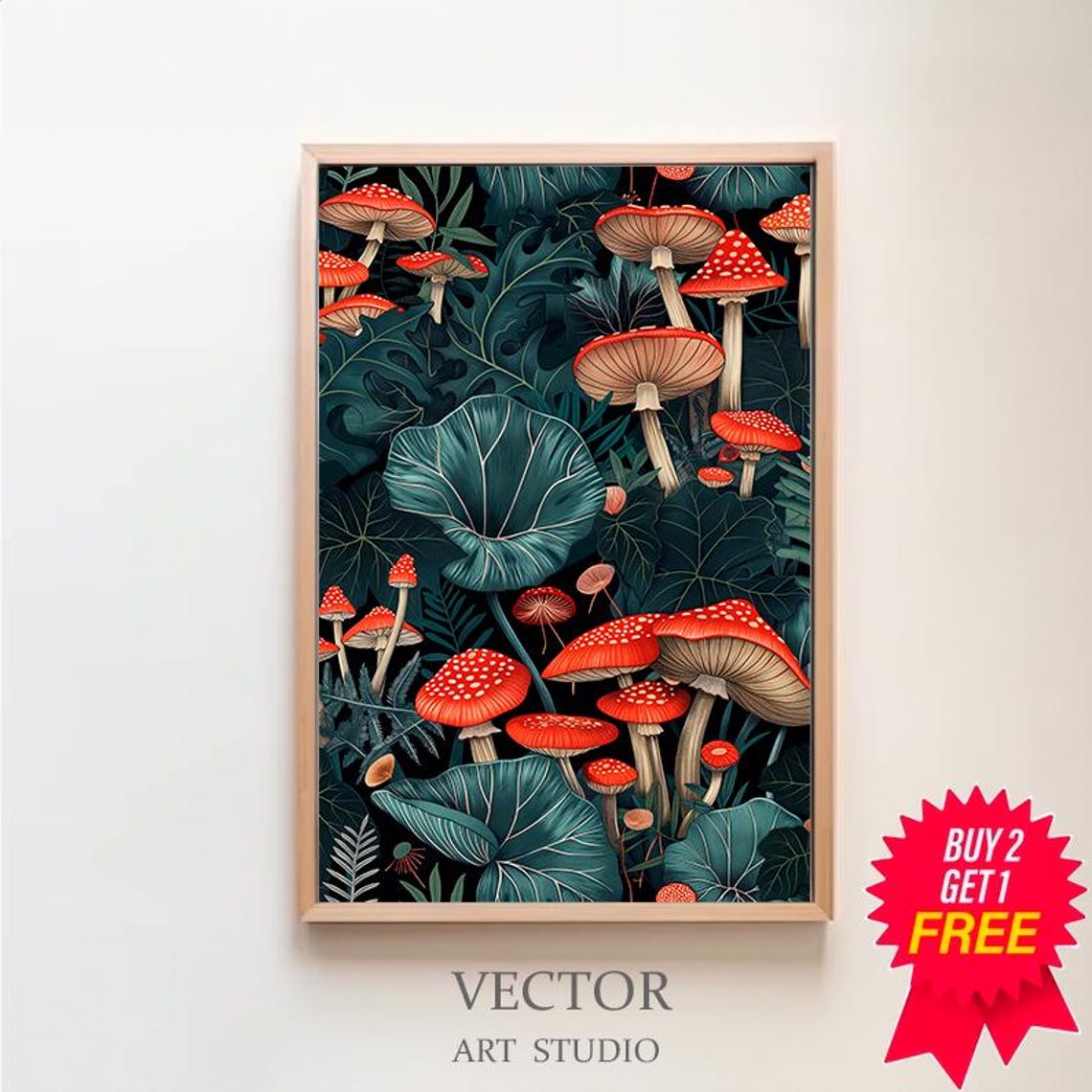 Red Fly Agaric Mushrooms Among Dark Leaves William Morris Style Poster