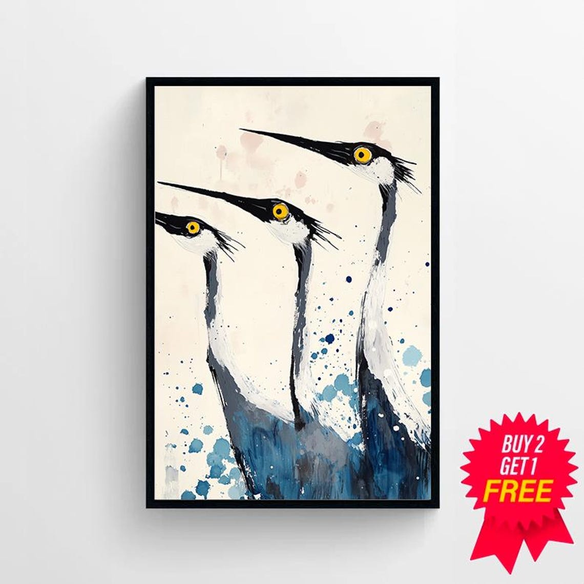 Three Elegant Long-Necked Birds in Blue Watercolor Painting Poster - Image 4