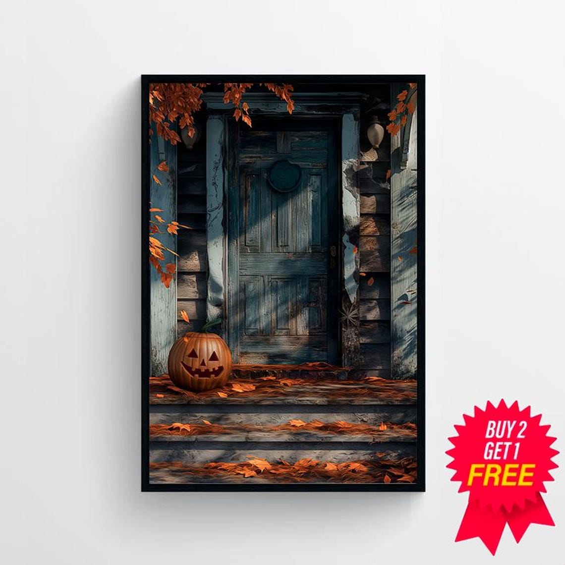 Creepy Blue Wooden Door with Big Jack-O-Lantern Fall Pumpkin Poster - Image 4