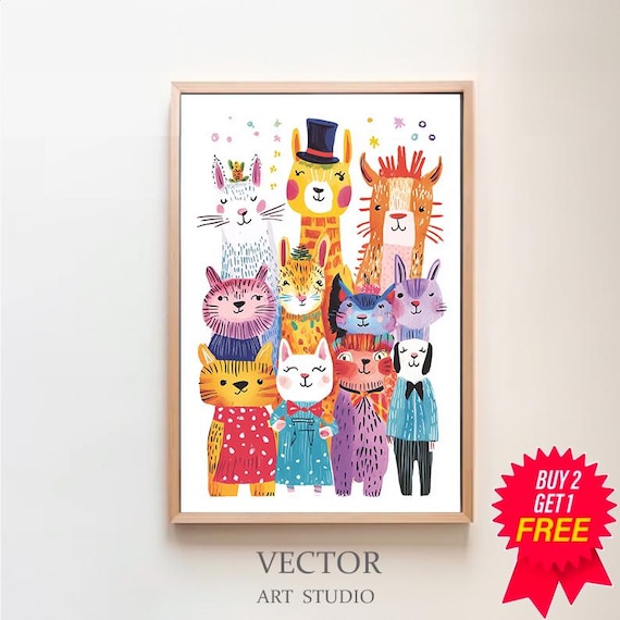 Cheerful Party Animals Dressed in Fancy Outfits Playful Kids Poster