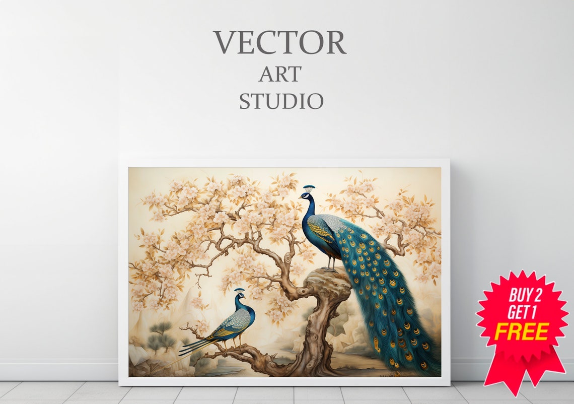 Two Peacocks Gnarled Tree Chinoiserie Garden Flowering Wall Poster - Image 3